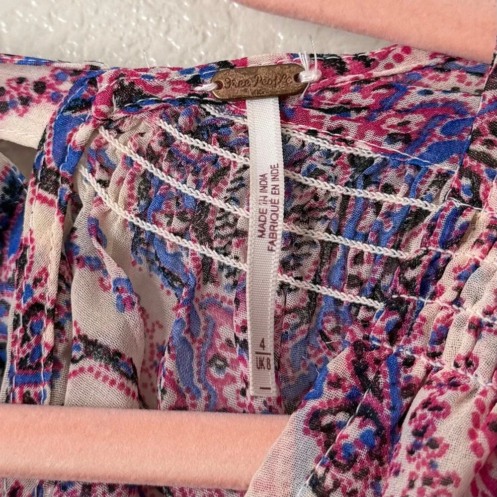 Free People Dress Size 4 Pink Purple Mirage Paisley Maxi Boho Tassel Empire